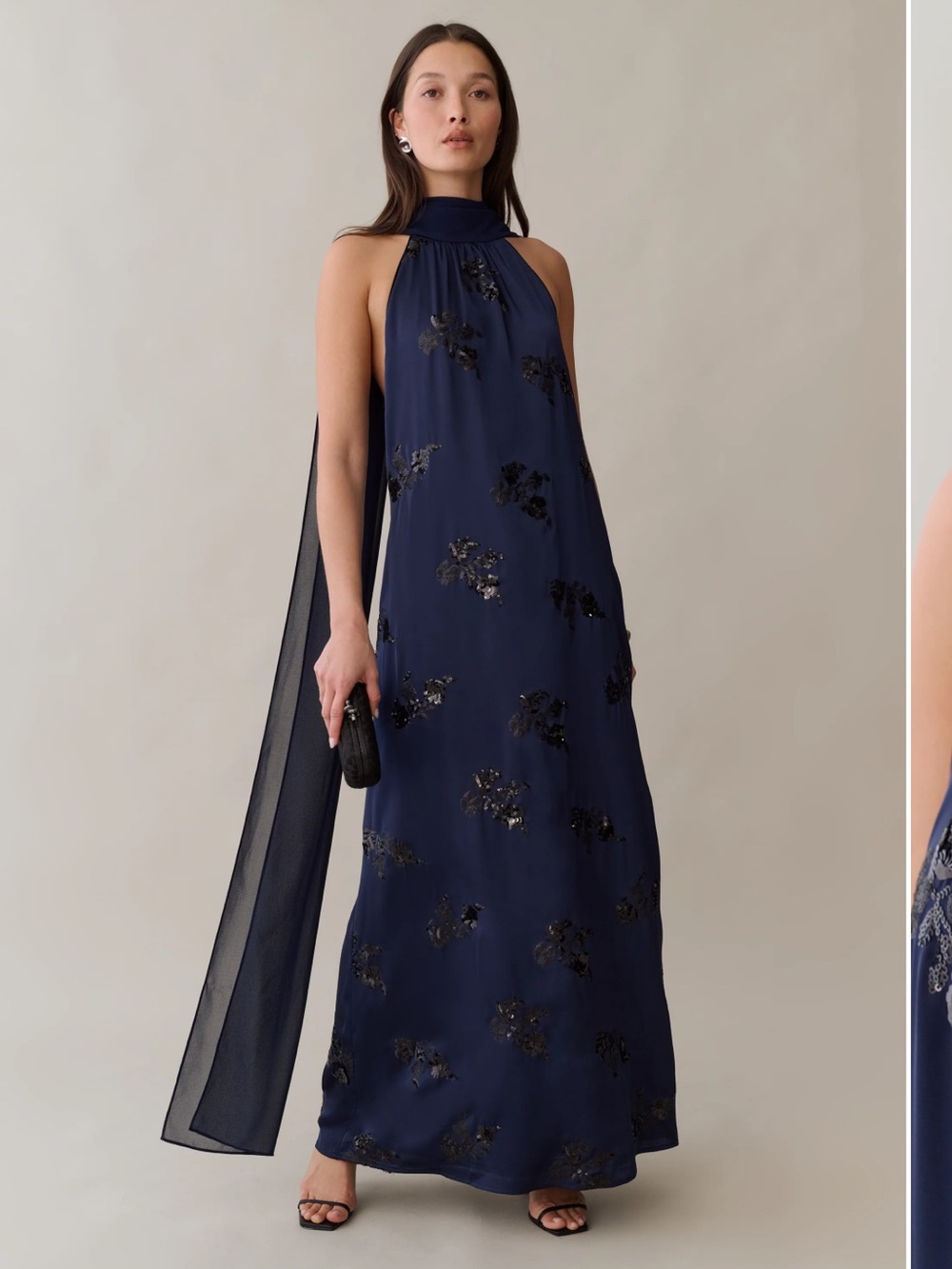 Few Moda Alessia High Neck Dress with scarf drape. Midnight Sapphire